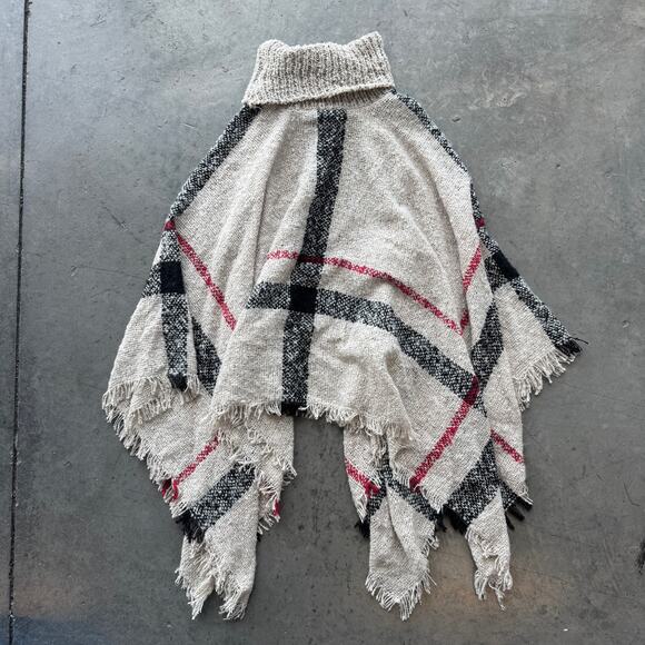 Vintage Y2k Plaid Preppy Red Beige Turtleneck Sweater Poncho Women's M/L - Picture 2 of 4